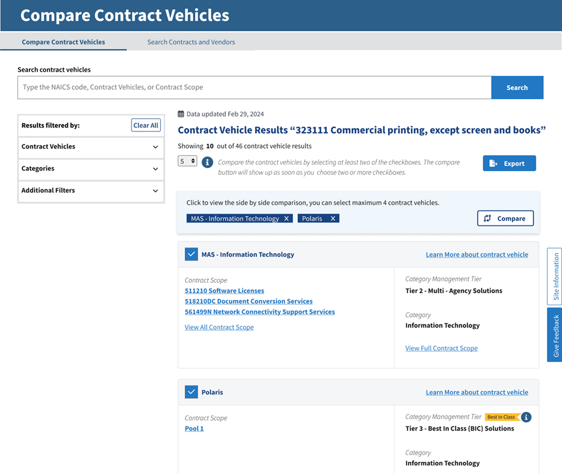 Compare Contract Vehicles interface wireframe